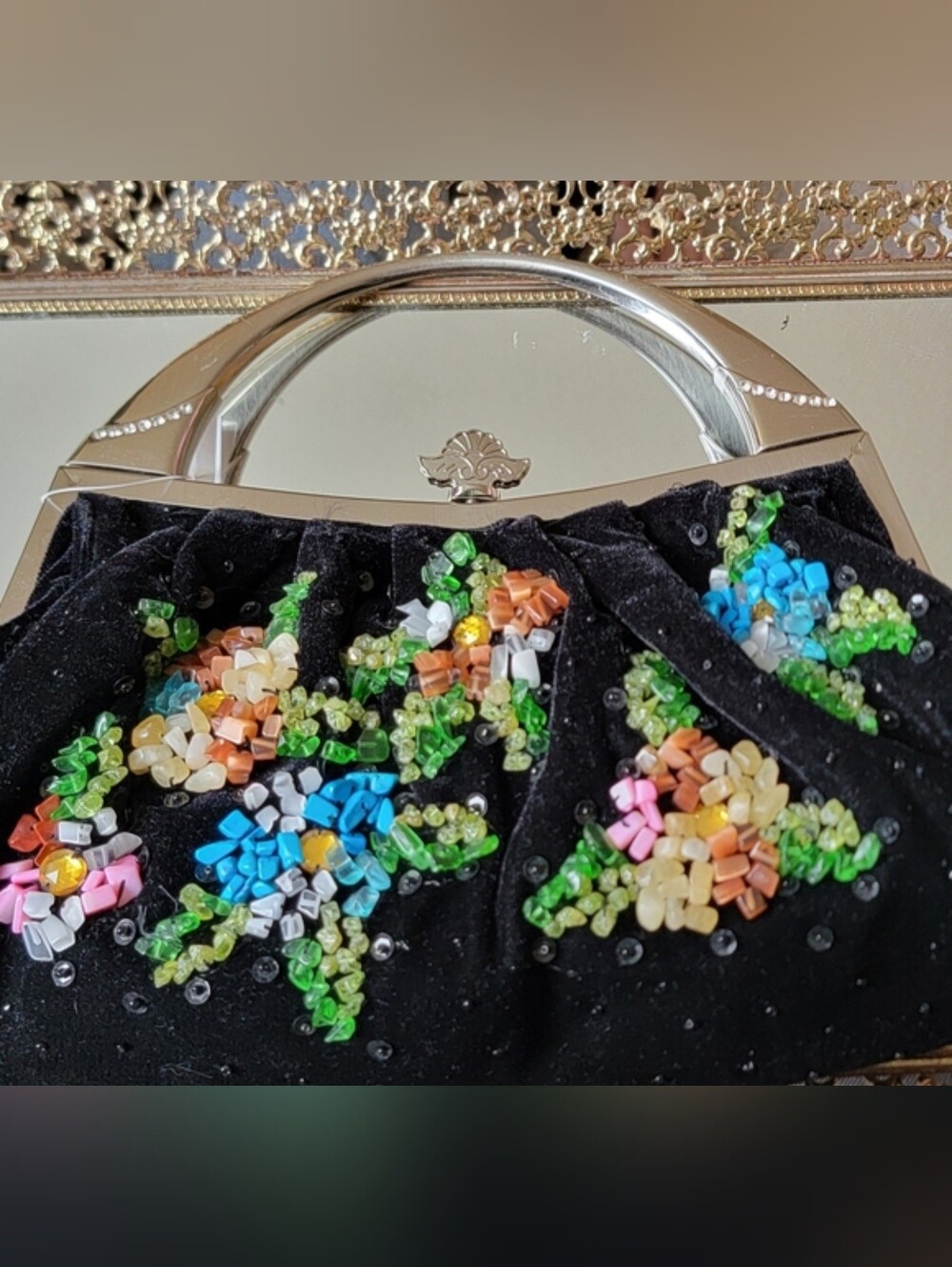 Beaded Black Velvet Evening Clutch with Multicolor Floral Accents